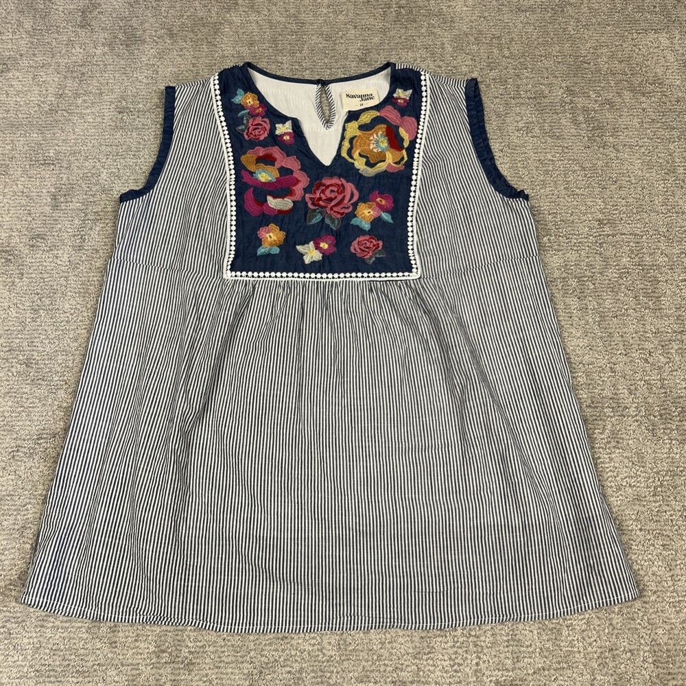 Savanna Jane Shirt Womens 2X Blue White Striped Embroidered Sleeveless Boho Top
